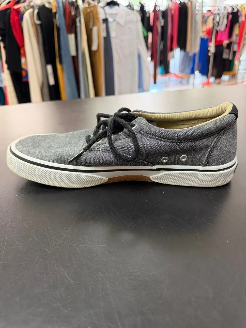 Sperry Gray Canvas Boat Shoes with Black Laces